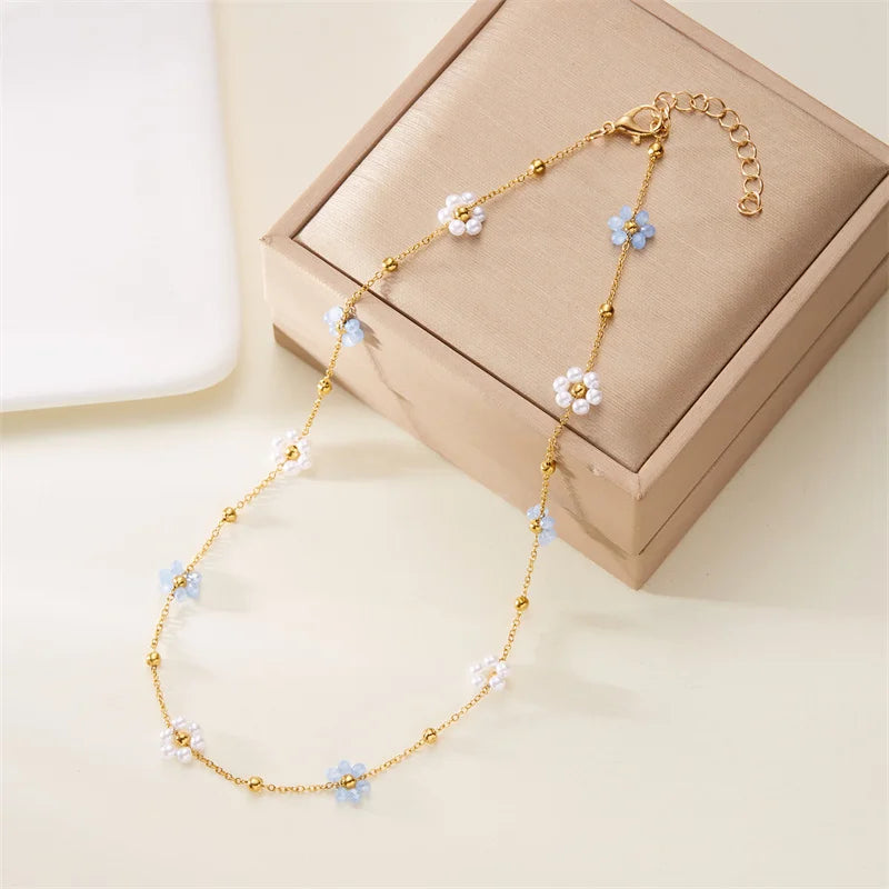 Sweet Imitation Pearl Flower Bracelet Necklace Set for Women's Hand Bracelets Fashion Metal Chain Choker Minimalist Jewelry Sets