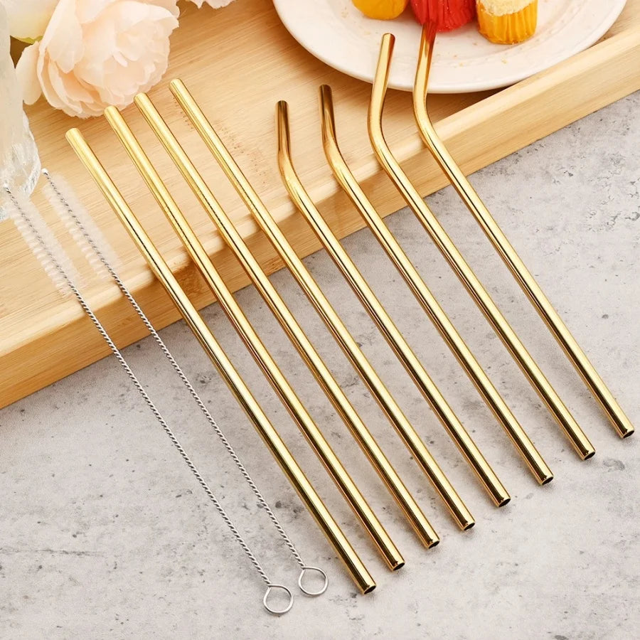 Hemasa 8pcs reusable gold straws milk tea juice coffee drinking tubes for restaurants coffee shops home