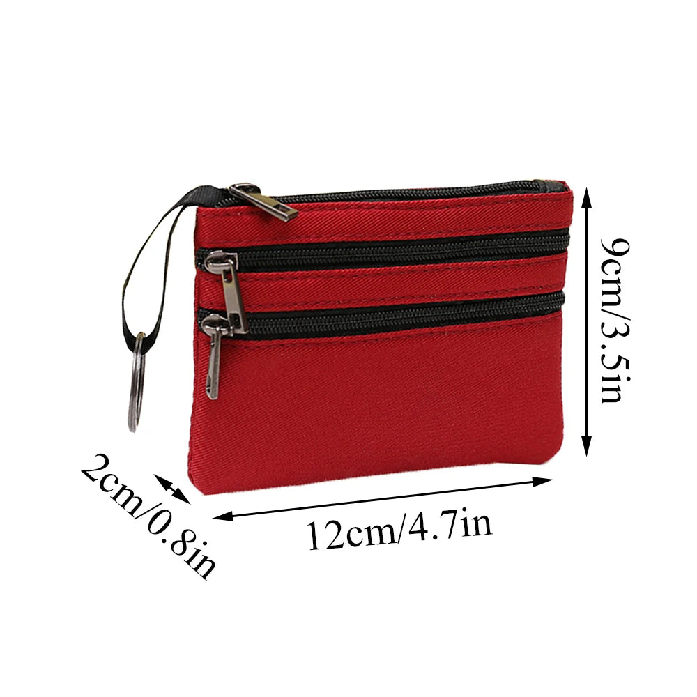 Mini Solid Coin Purse Canvas Hanging Bag Wallet 3 Zippers Coin Pouch Bag Women Girls Card Holder Short Wallet Fashion Potable