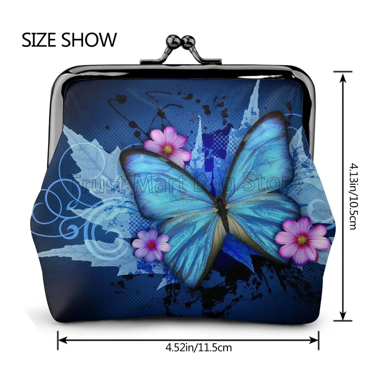 Hemasa Purple Blue Butterfly Mini Leather Coin Purse for Women Girl / Small Change Pouch with Kiss-Lock Clasp Closure Buckle Wallet Gift