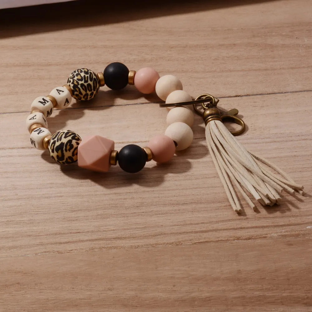 New Mother's Day Gift MAMA Silicone Wristlet Cheetah Print Wood Bead Bracelet Elastic Rope String Tassel Keychain Bangle Gift
