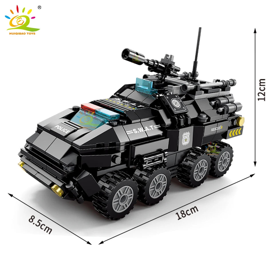 HUIQIBAO 371pcs 6in1 SWAT Police Truck Building Blocks City Construction Plane Car Bricks Set For Children Toys Kids Gift