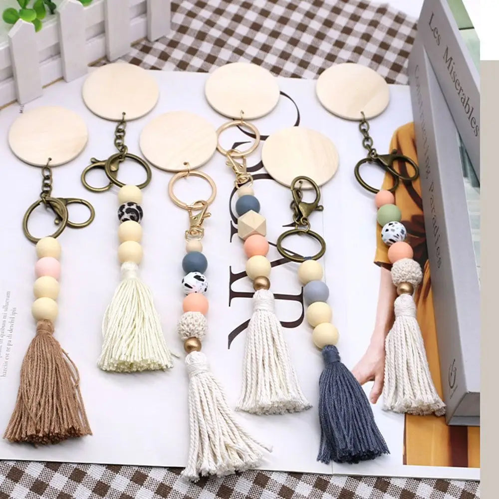 Silicone Beads Key Chain Decorative Pendant Tassel Key Ring Delicate Wooden Pendant Charms for Women Car Key Pendant