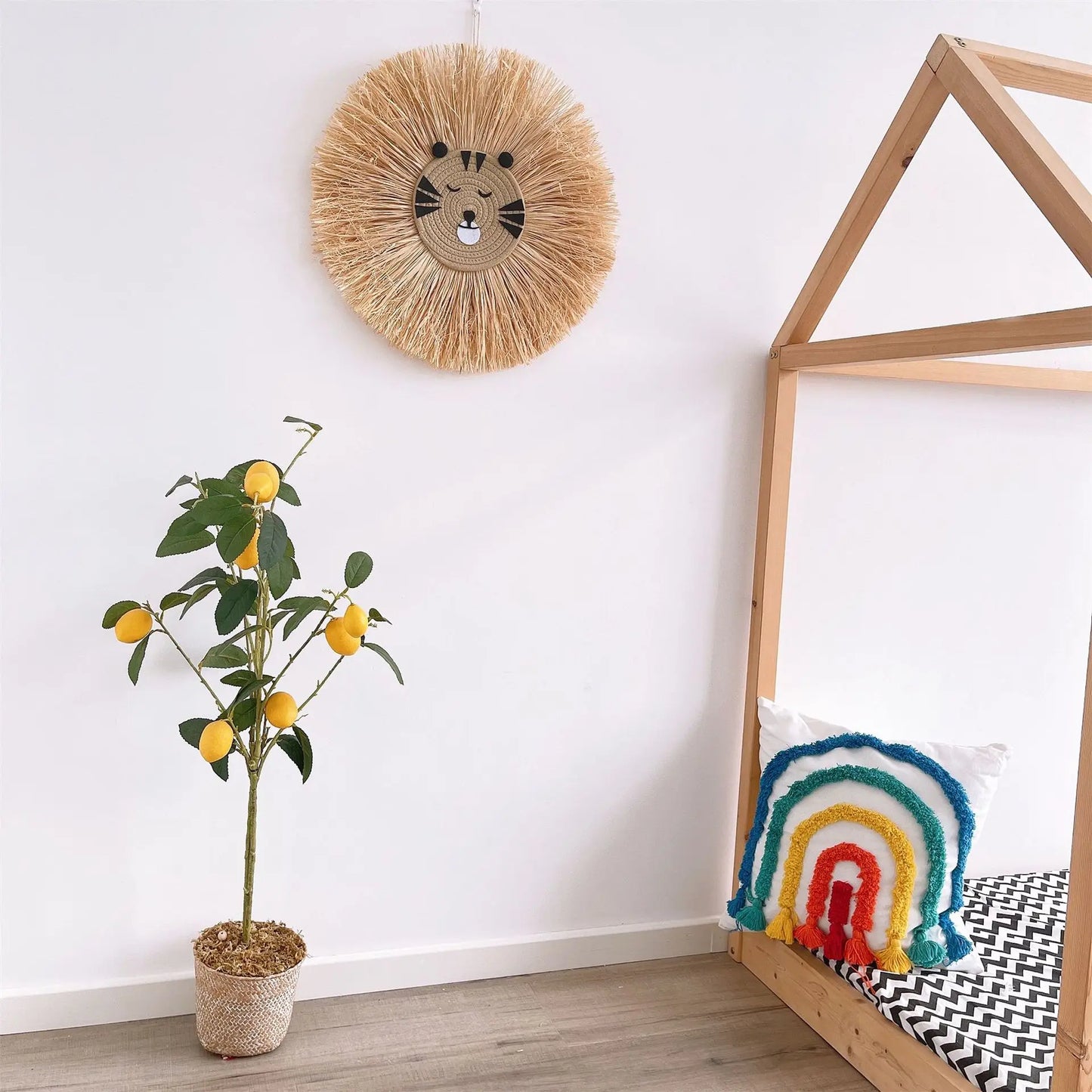 Nordic Nursery Baby Girl Boy Room Decor Raffia Straw Bear Face Wall Hanging Handmade Bear Lion Nursery Hanging Decor Gifts