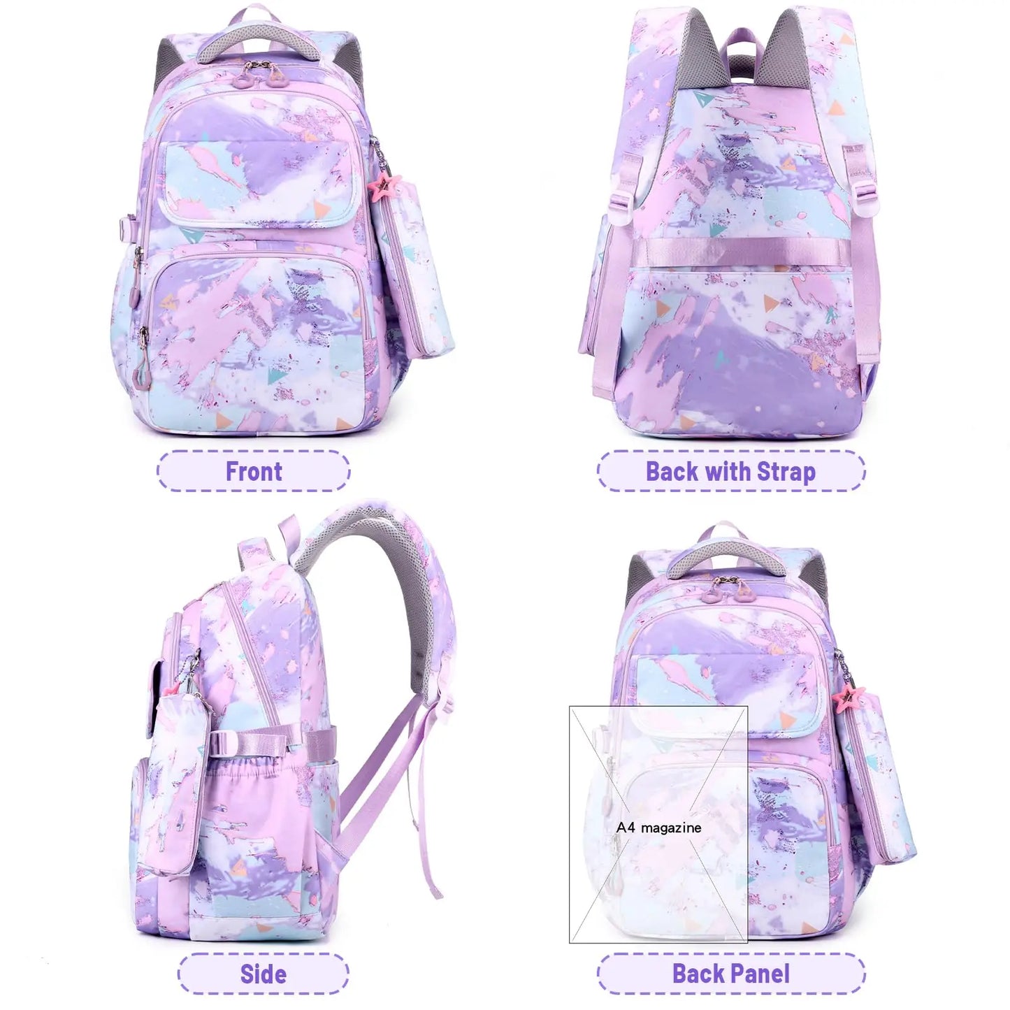 School Backpack for Girls Teens Kids Elementary School 3 Pieces Lightweight Backpack with Lunch Bag and Pencil Case