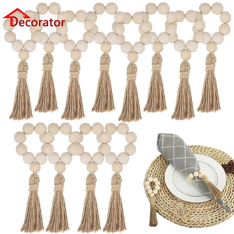 Hemasa Wood Bead Napkin Rings Napkin Holders With Tassels