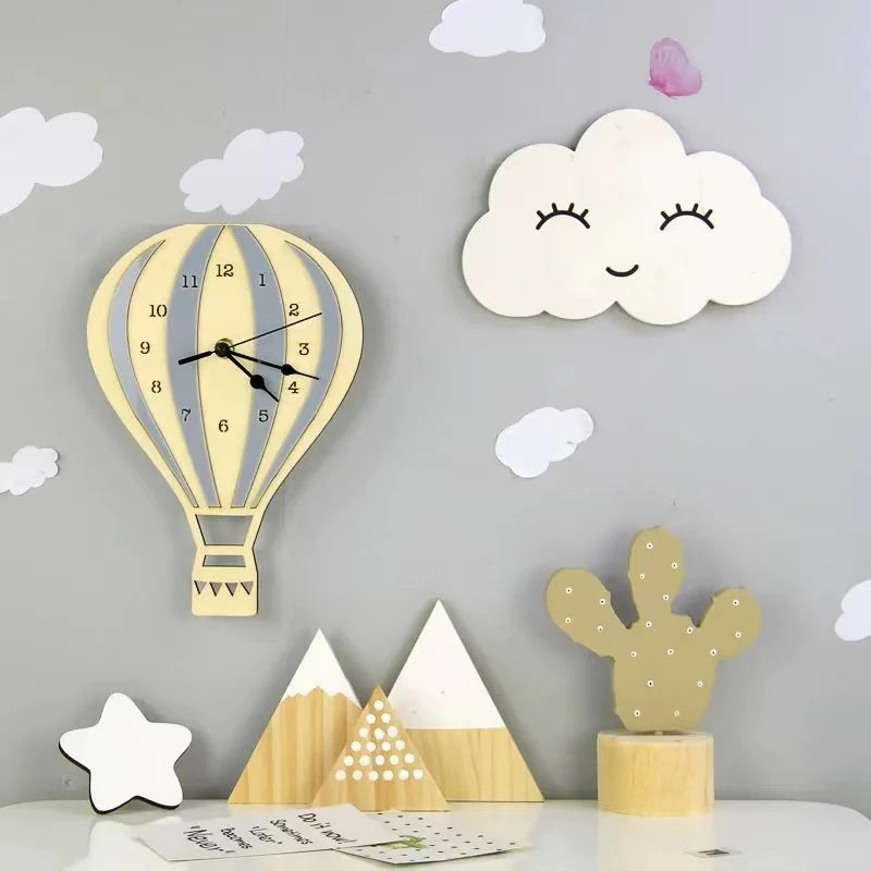 Nordic Style Wooden Balloon Clock Kids Room Decoration Wood Balloon Clock Wall Decor For Baby Boy Girl Room Decor Children Room