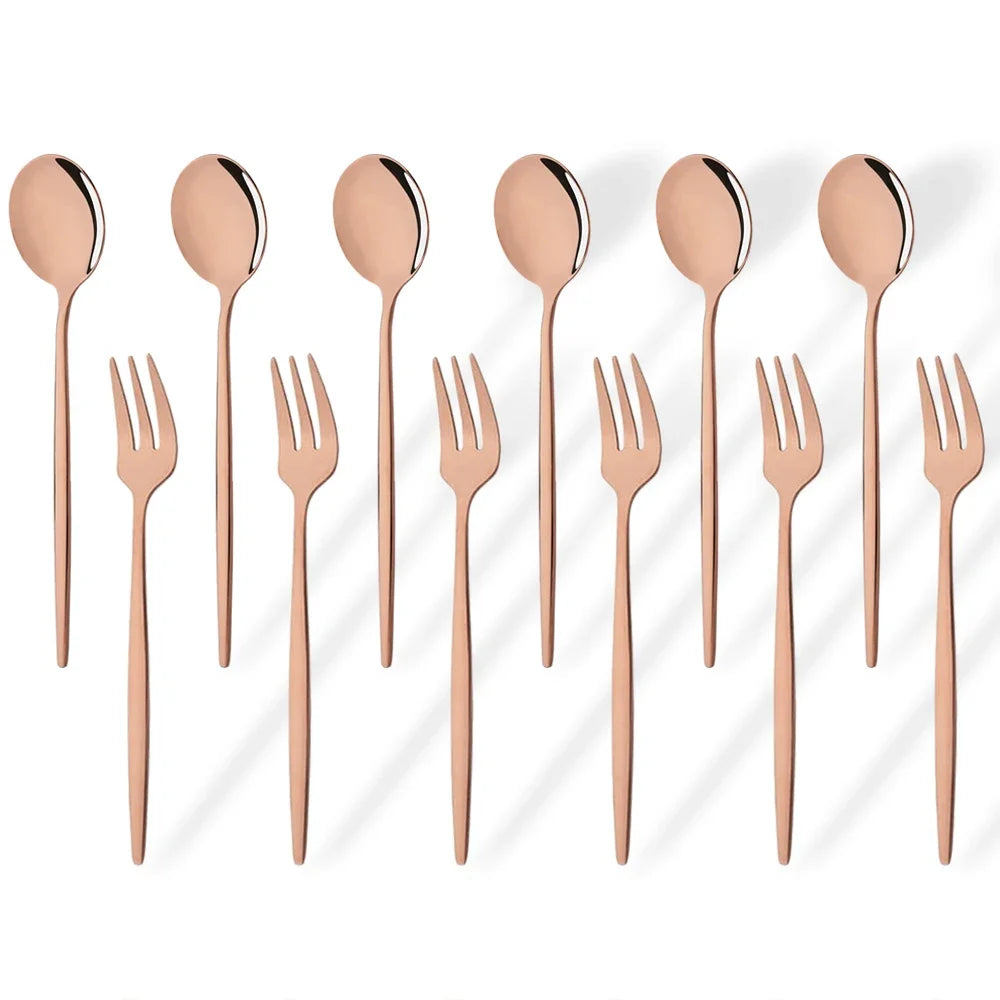 Hemasa 12Pcs Stainless Steel Gold Fork Spoon Set/ Cake Fork Snack Salad Coffee Fruit Fork Spoon Cutlery Kitchen Dinnerware Set