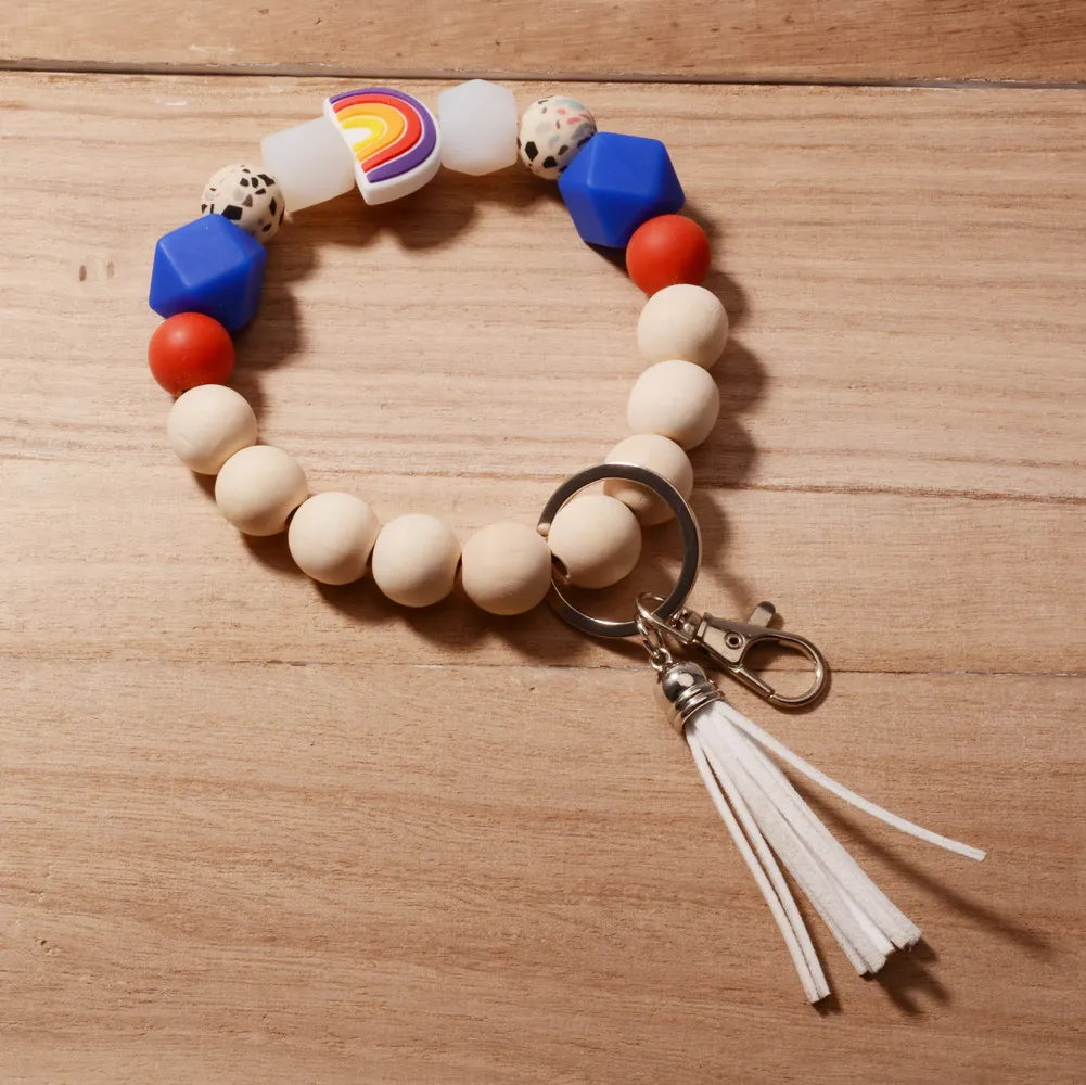 New Fashion Silicone Keychain For Keys Rainbow Color Silicone Beads Tassel Keyrings Women Men Beaded Bracelet Keychain Wholesale