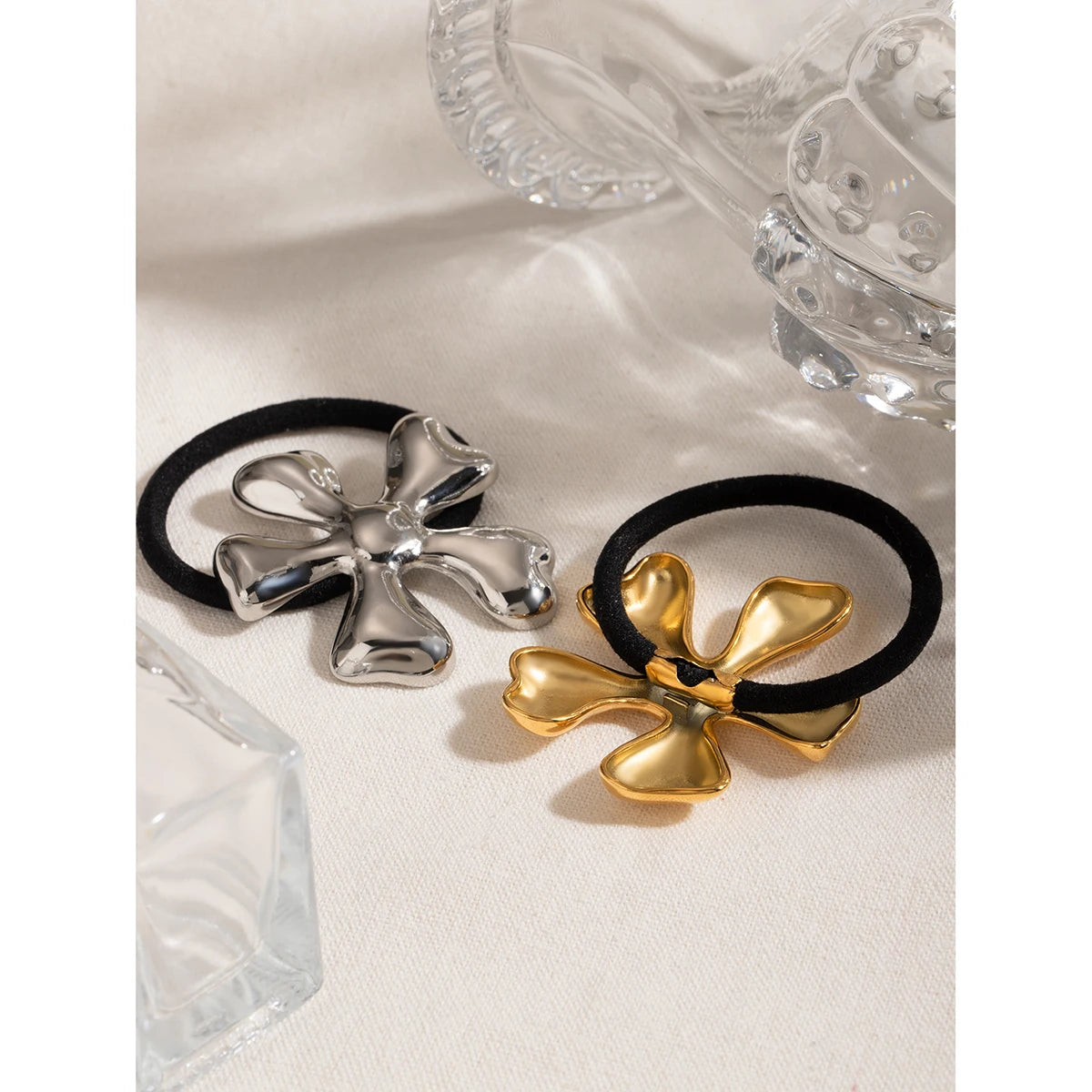 Hemasa Stainless Steel 18K Gold Plated French Style Irregular Flower Hair Ring Hair Rope Black Rubber Hairbands Ponytails Buckle