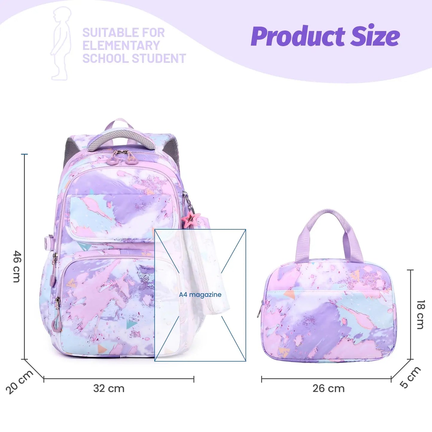 School Backpack for Girls Teens Kids Elementary School 3 Pieces Lightweight Backpack with Lunch Bag and Pencil Case