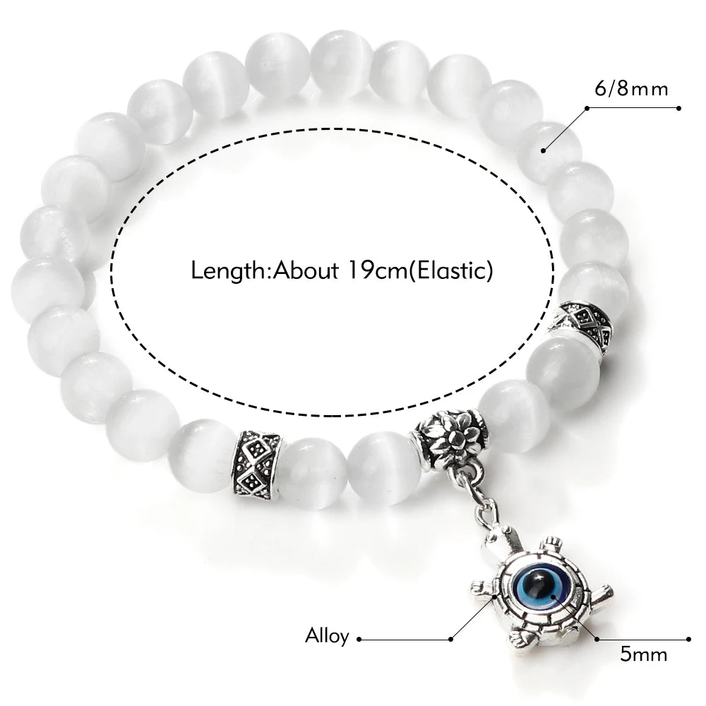 6 8mm Natural Cat Eye Stone Bracelet White Opal Beads Butterfly Hand Of Fatima Women Bracelets & Bangles Lucky Evil Eye Jewelry