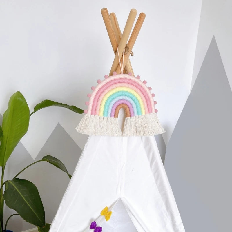 Rainbow Wall Hanging Ornaments 8 Lines Macrame Tapestries Woven Rainbow with Tassels for Nursery Room Home Decorations