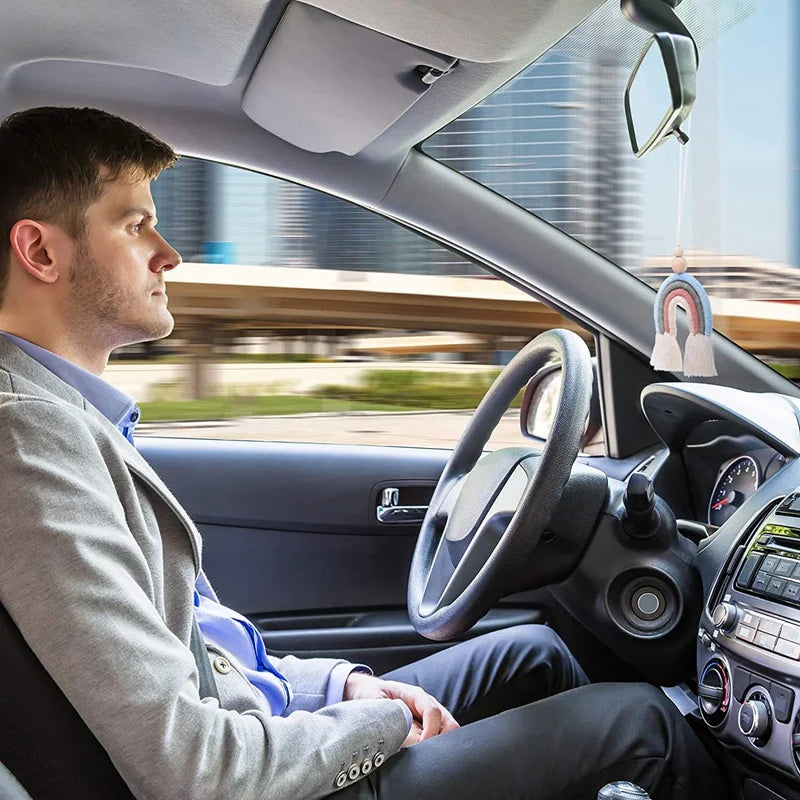 Heamsa 3Pcs Boho Rainbow Car Charm Macrame Rainbow Car Diffuser Wooden Beads Car And Home Hanging Decor