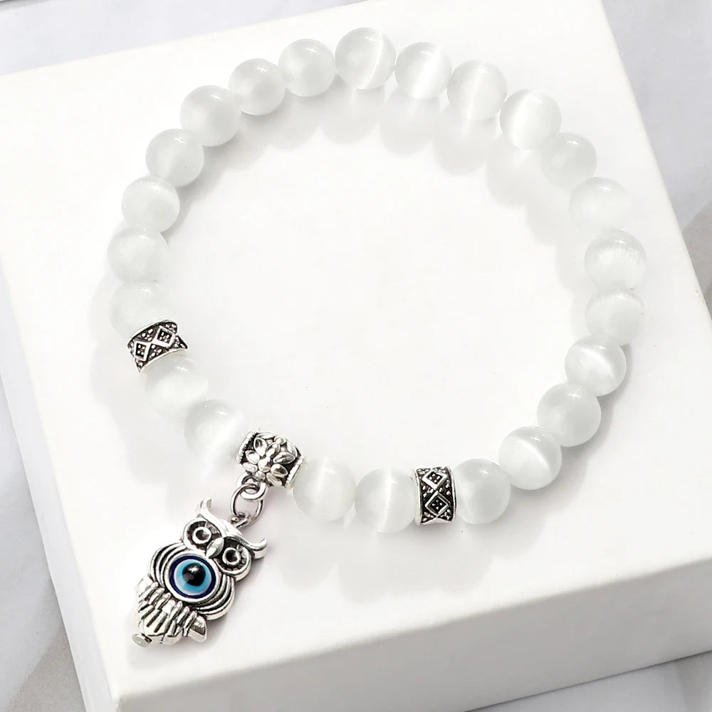 6 8mm Natural Cat Eye Stone Bracelet White Opal Beads Butterfly Hand Of Fatima Women Bracelets & Bangles Lucky Evil Eye Jewelry