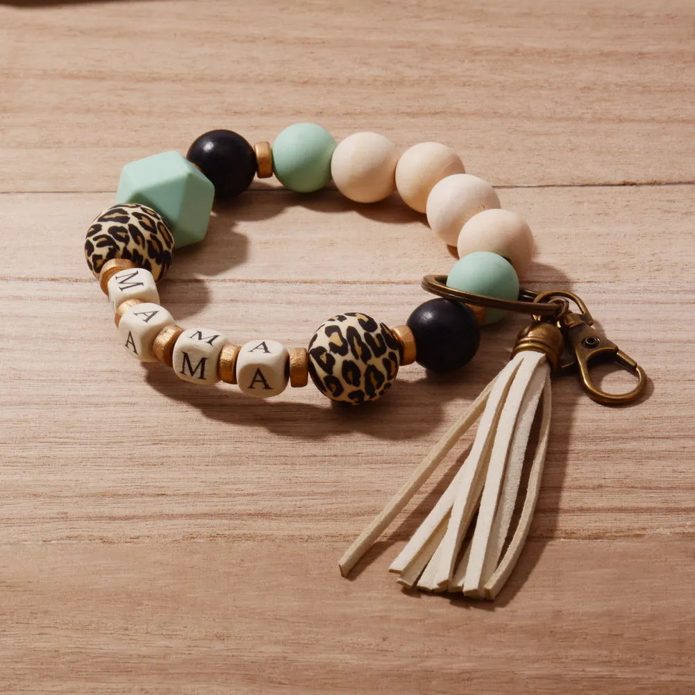 New Mother's Day Gift MAMA Silicone Wristlet Cheetah Print Wood Bead Bracelet Elastic Rope String Tassel Keychain Bangle Gift