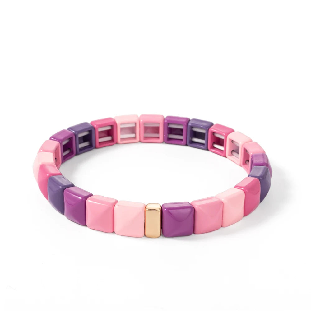 Tejesa Colorful Enamel Square Shape Rhombus Faced Bohemain Geometric Elastic Bracelets For Women