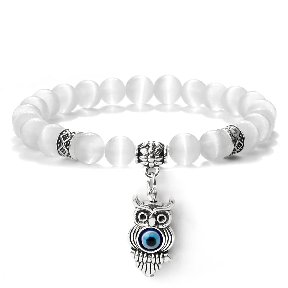 6 8mm Chakra Beads Men Bracelets Charm Owl Evil Eye Pendant Classic Tiger Eye Stone Agate Quartz Malachite Women Yoga Jewelry
