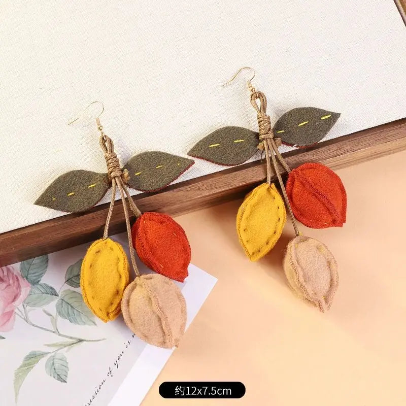 Unique Fabric Flower Earrings Creative Handmking Statement Jewelry Exaggerated Boho Earrings Vintage Ethnic Tassel Long Earrings