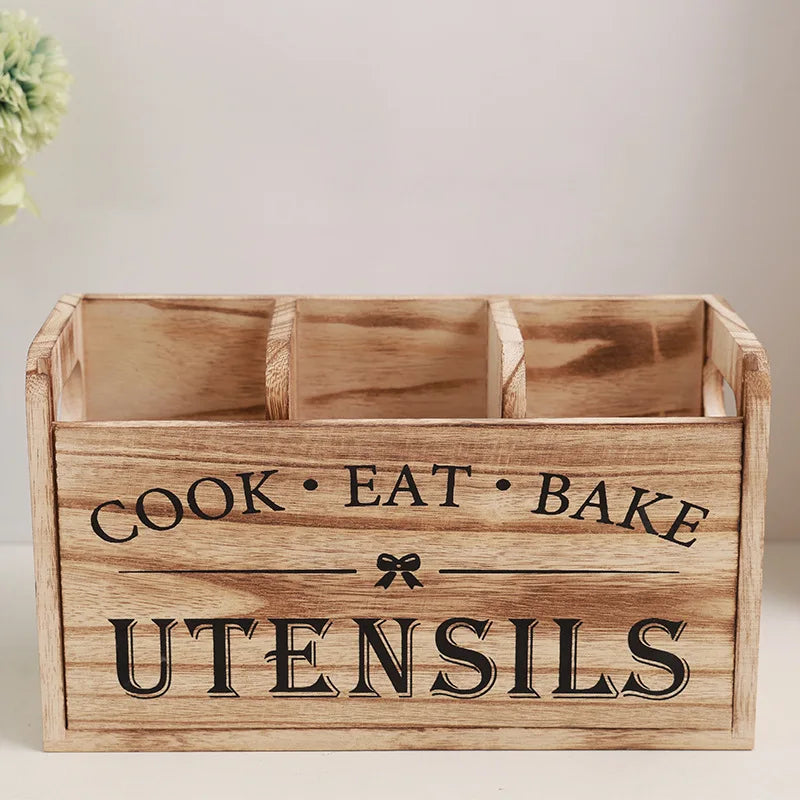 Kitchen Utensil Rack with Three Compartments Rustic Wooden Storage Box Vintage Tableware Farmhouse Dish Cabinet Forks Spoo