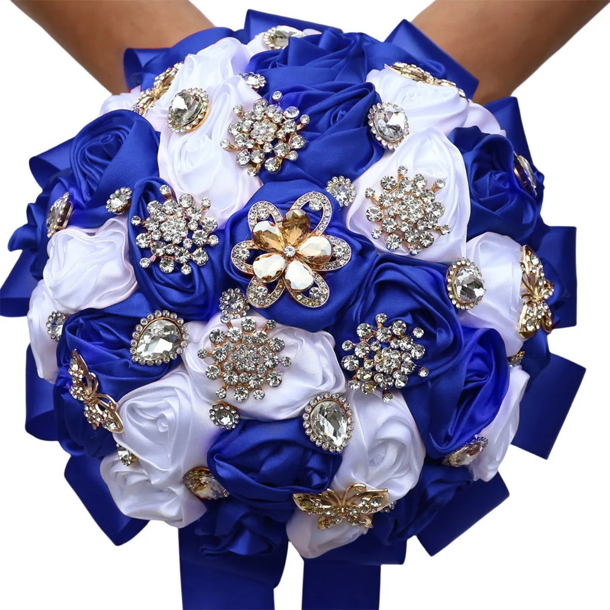 Tejesa Ivory Champagne Bridal Wedding Bouquet with Crystal Artificial Silk Rose Flower Bouquet for Quinceanera Bride Wedding