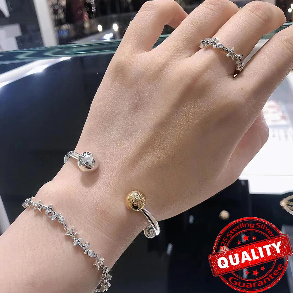 Hot Sale 925 Sterling Silver Celestial Sparkling Sun Moon Open Bangle Beautiful and Elegant Women Jewelry Gift