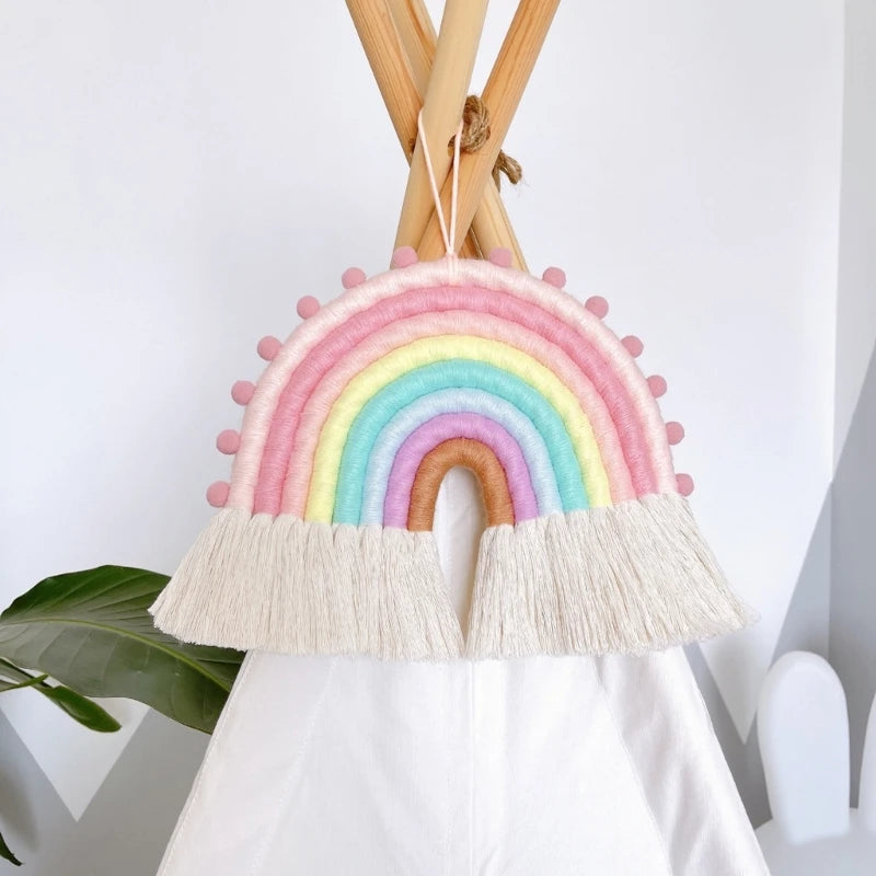 Rainbow Wall Hanging Ornaments 8 Lines Macrame Tapestries Woven Rainbow with Tassels for Nursery Room Home Decorations