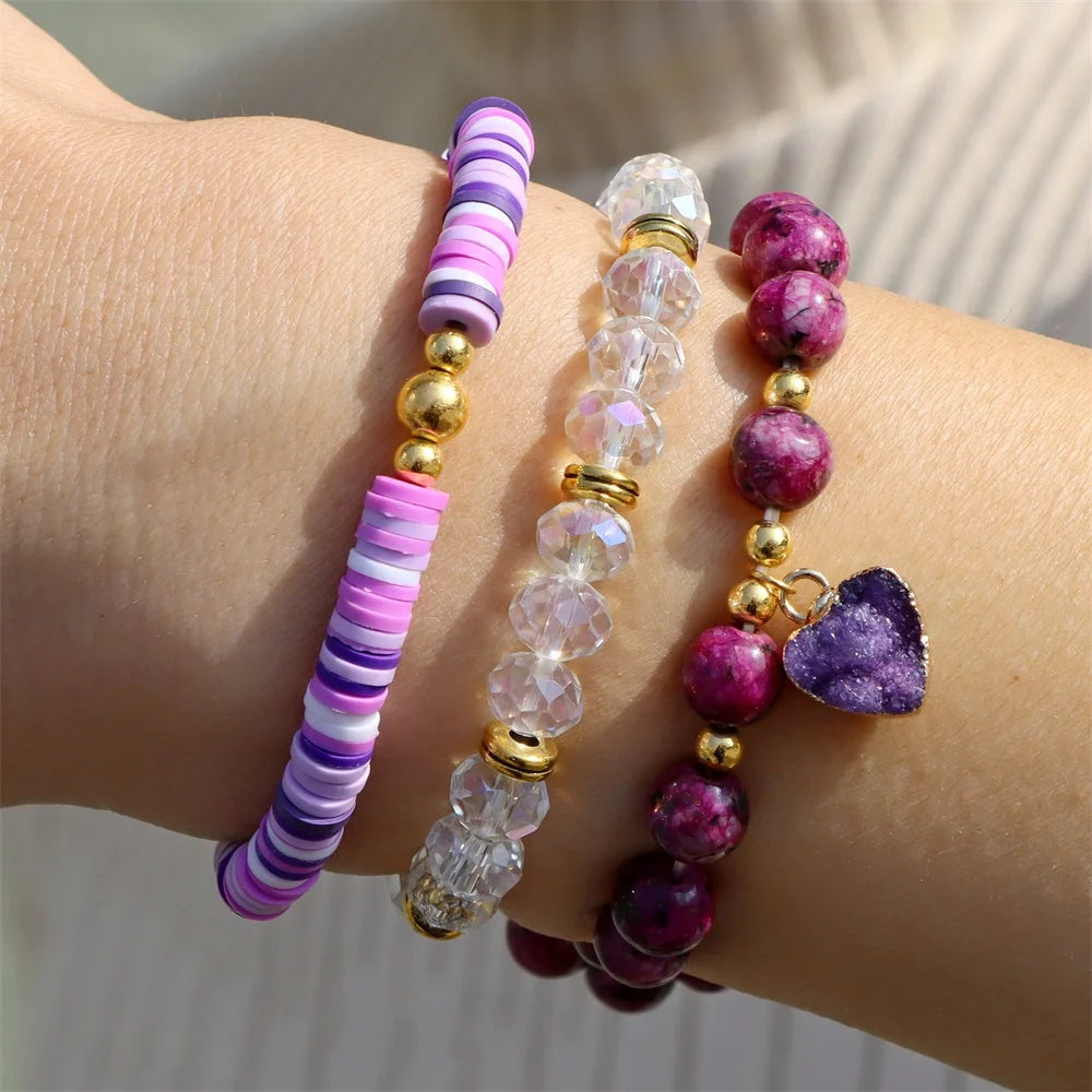 3Pcs/Set Bohemia Colorful Stone Bracelets Faceted Quartzs Crystals Beaded Bracelet Heishi Polymer Clay Beads Bracelet Men Women