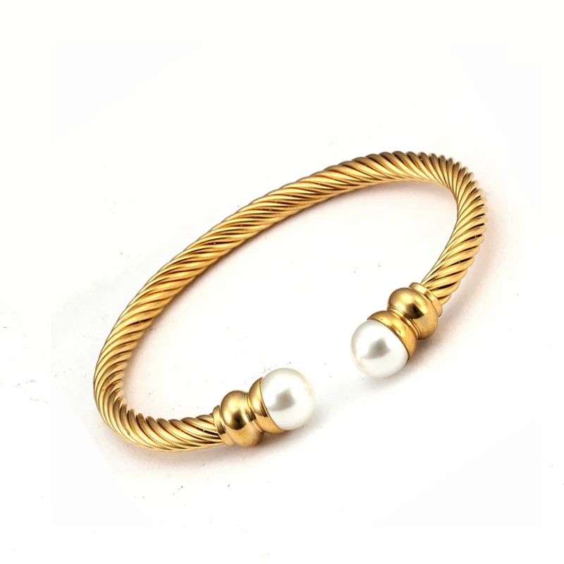 Luxury Open Women Ladies Charm Open Cuff Bangles Pearl Female Fashion Jewelry Brand Braided Chain Link Sporty Bracelets
