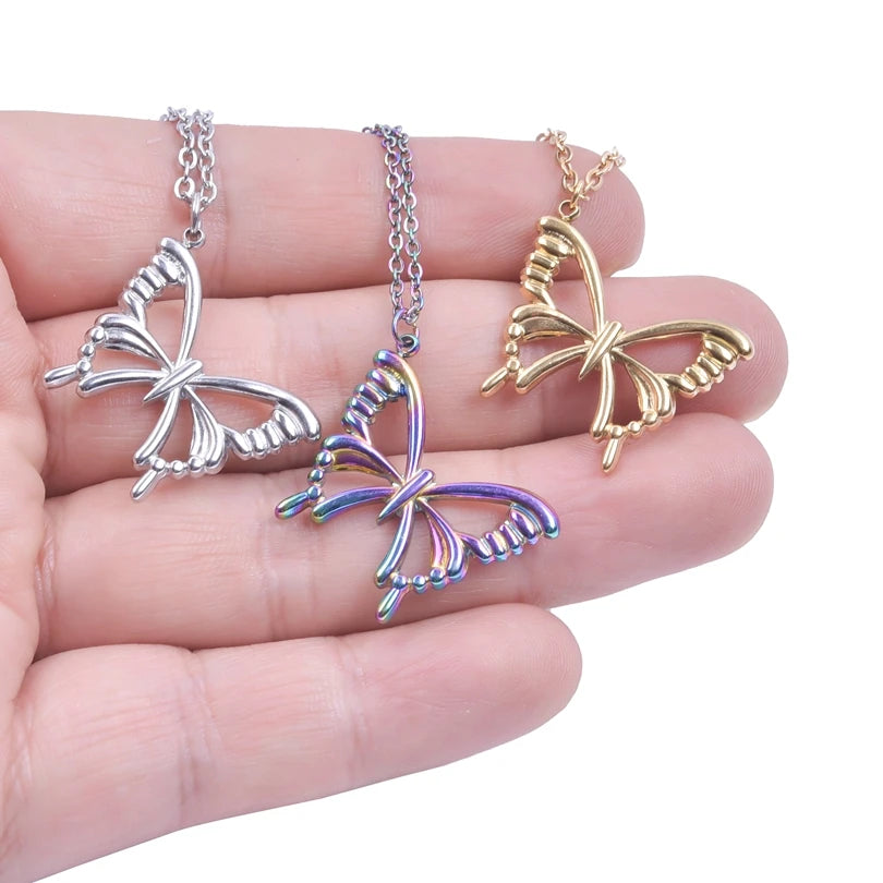 1/3Pcs Gold Color Three Tone Cutout Butterfly Insect Animal Charms Stainless Steel Pendant Necklace For Girls Jewelry Gifts