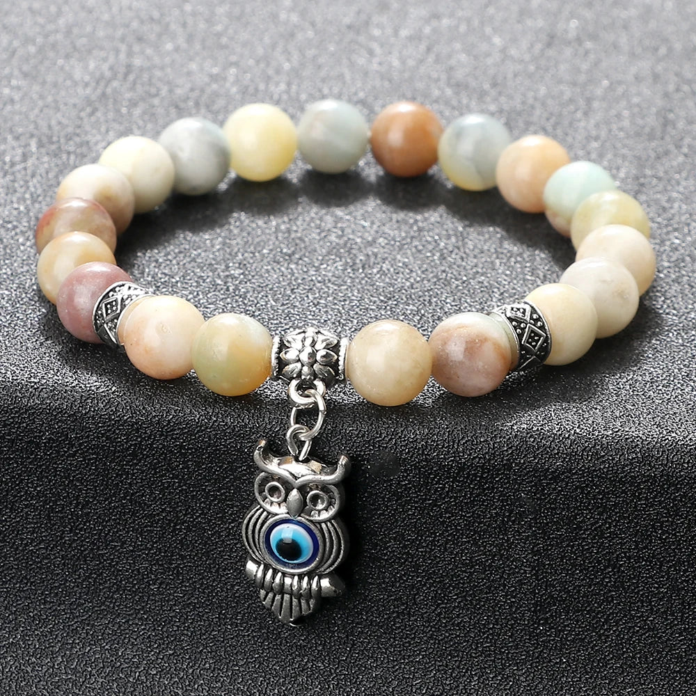 6 8mm Chakra Beads Men Bracelets Charm Owl Evil Eye Pendant Classic Tiger Eye Stone Agate Quartz Malachite Women Yoga Jewelry