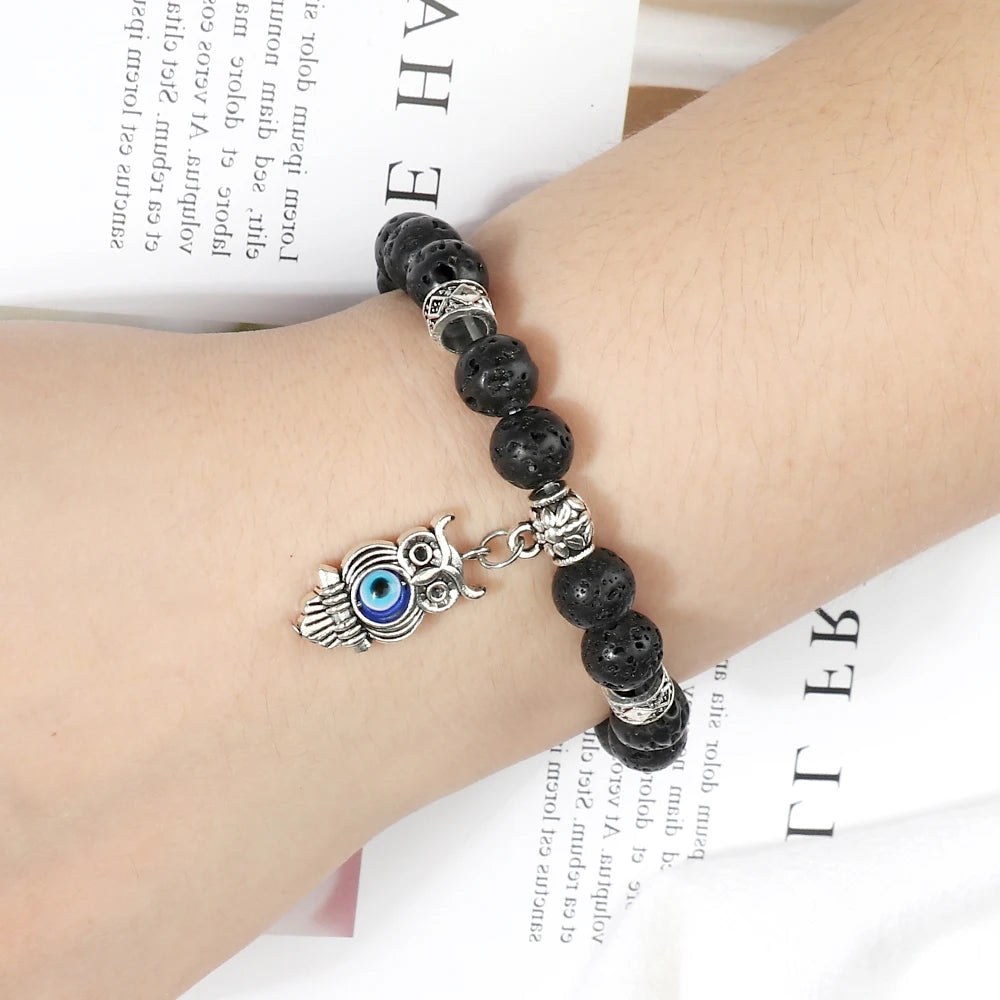 6 8mm Chakra Beads Men Bracelets Charm Owl Evil Eye Pendant Classic Tiger Eye Stone Agate Quartz Malachite Women Yoga Jewelry