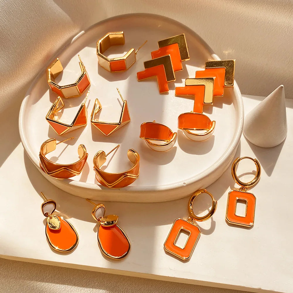 Hemasa Vintage Drip Oil Series Stud Earrings for Women Fashion Orange Peach Heart Irregular Water Drop Ear rings