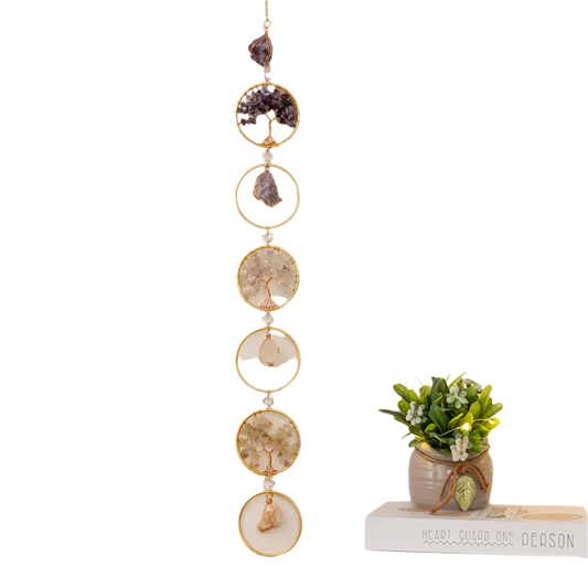 Hemasa Life Tree Crystal Wall Hanging Decor 6 Rings Chakra Stone Wall Decor Nordic Hanging Decoration Boho Room Decors Aesthetic Gift