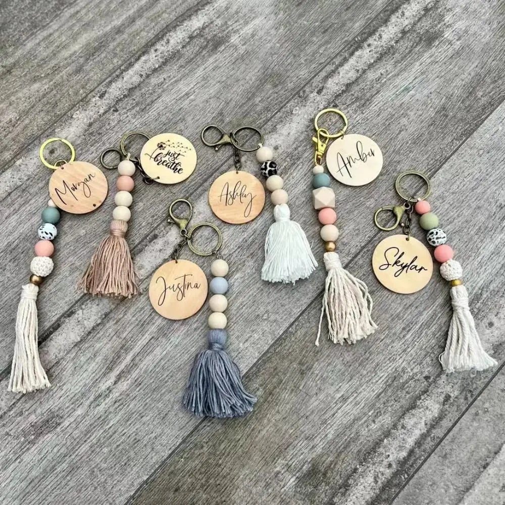 Silicone Beads Key Chain Decorative Pendant Tassel Key Ring Delicate Wooden Pendant Charms for Women Car Key Pendant
