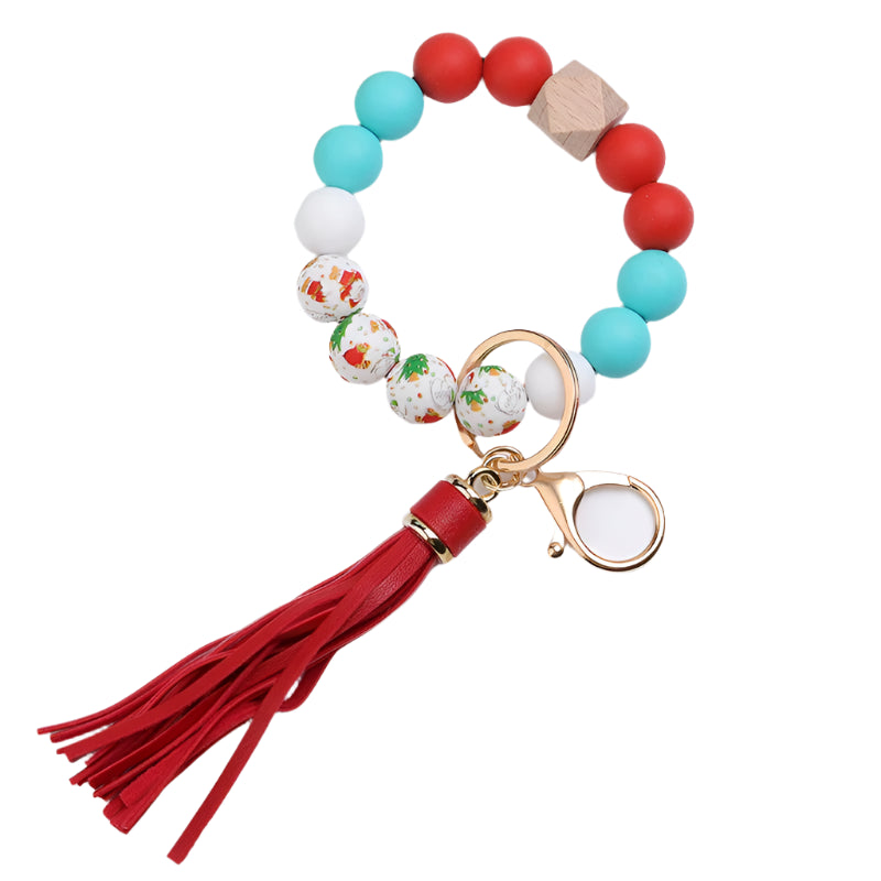 Hemasa Green Christmas Tree Silicone Bead Keychain Red Tassel Bracelet Keyring Accessories Woman Man Bracelet Gifts Bag Pendant