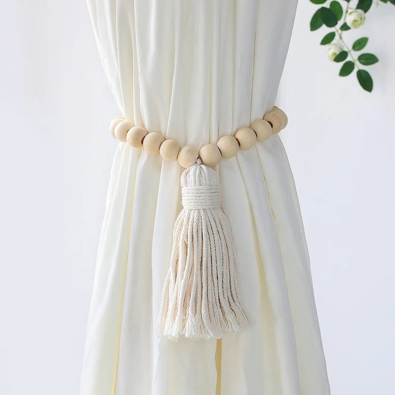 1pc Curtain Buckle Straps Hand-woven Wooden Beads Tassel Fresh Curtain Buckle Home Decoration Curtain Tieback Room Accessories