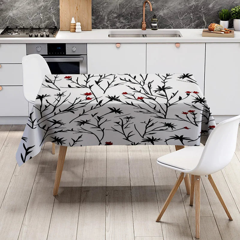 Minimalist Black/White Floral Dining Tablecloth for Home Decoration Elegant Decorative Table Linen Set with Four Napkins Various
