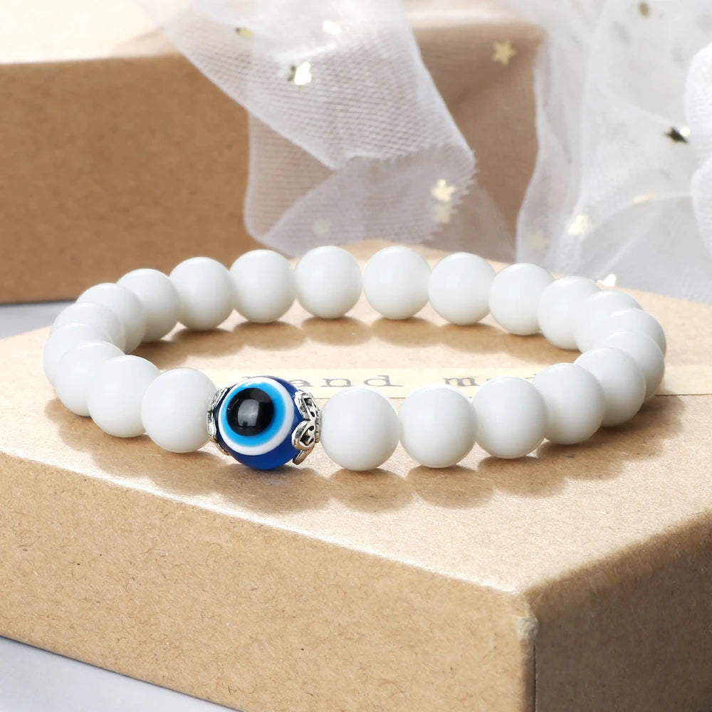8mm White Cat Eye Stone Beads Evil eye Bracelet Men Tiger Eye Black Beads Turkish style Strand Bracelet For Women female Jewelry