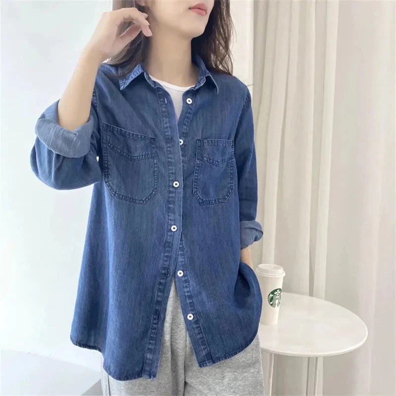 Hemasa Spring Autumn Women Soft Denim Shirt Coat Female Loose Fit Fashion Jeans Cardigan Blouse Jacket