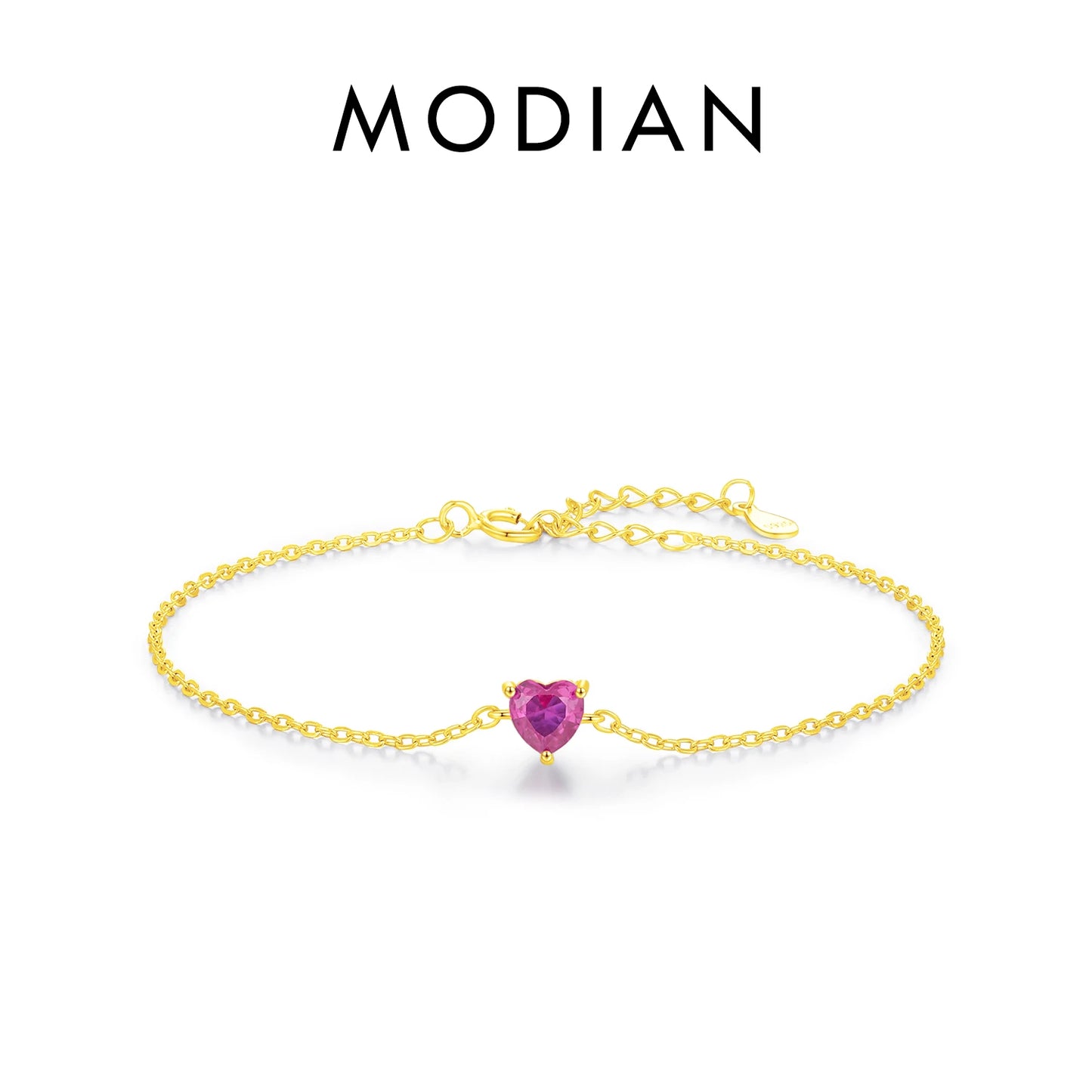 MODIAN 925 Sterling Silver Romantic Rose Red Zirconia Heart Bracelet Elegant Simple Link Chain For Women Fine Jewelry Gifts
