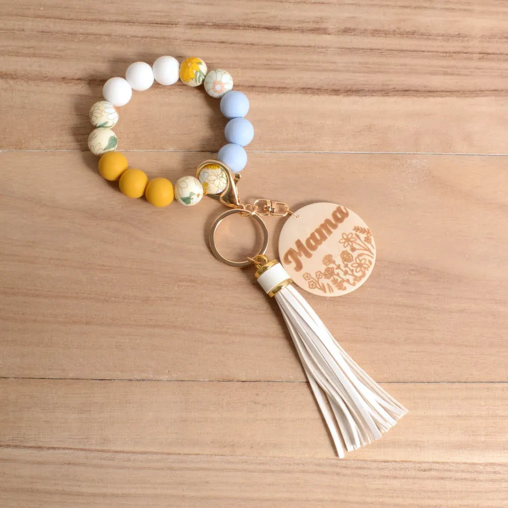 Hemasa Silicone Beads Mama Wood Disc Wristlet Keychain for Mother Day