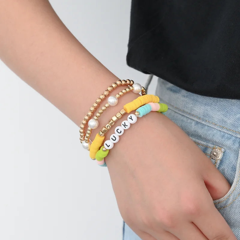 4Pcs/set Trendy Lucky Letter Charm Pearl Bracelets Set Femme Wristband Jewelry Heishi Disc Beads Multilayer Bracelet For Women