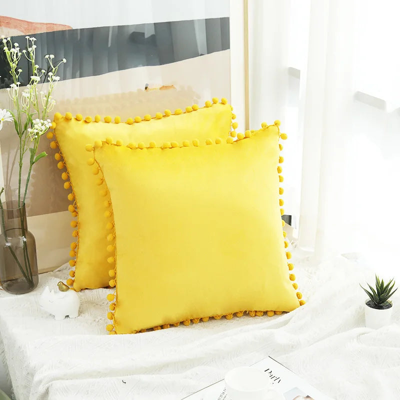 2PCS Simple Decorative Pillowcase Decorative Cushion Pillow Cover Pompoms Solid Cushion For Couch Sofa Bedroom Living Room