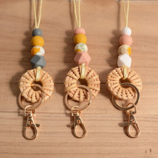 Hemasa Silicone Bead with  Rattan Badge Lanyard  /  Necklace Pendant Teacher Charm Lanyard