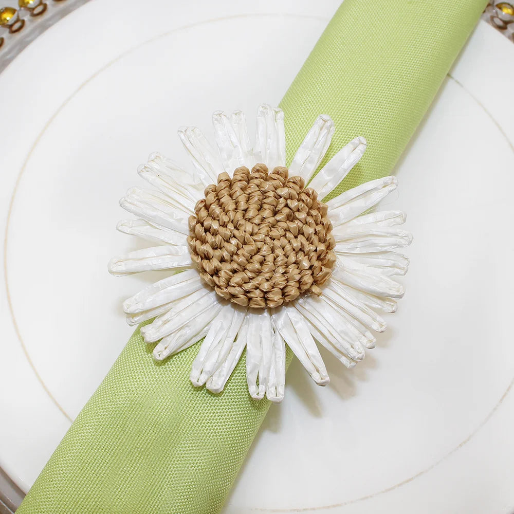 8PCS Sunflower Napkin Ring Raffia Handmade Daisy Flower Napkin Holder for Valentine Wedding Thanksgiving Party Table Decor HWF77