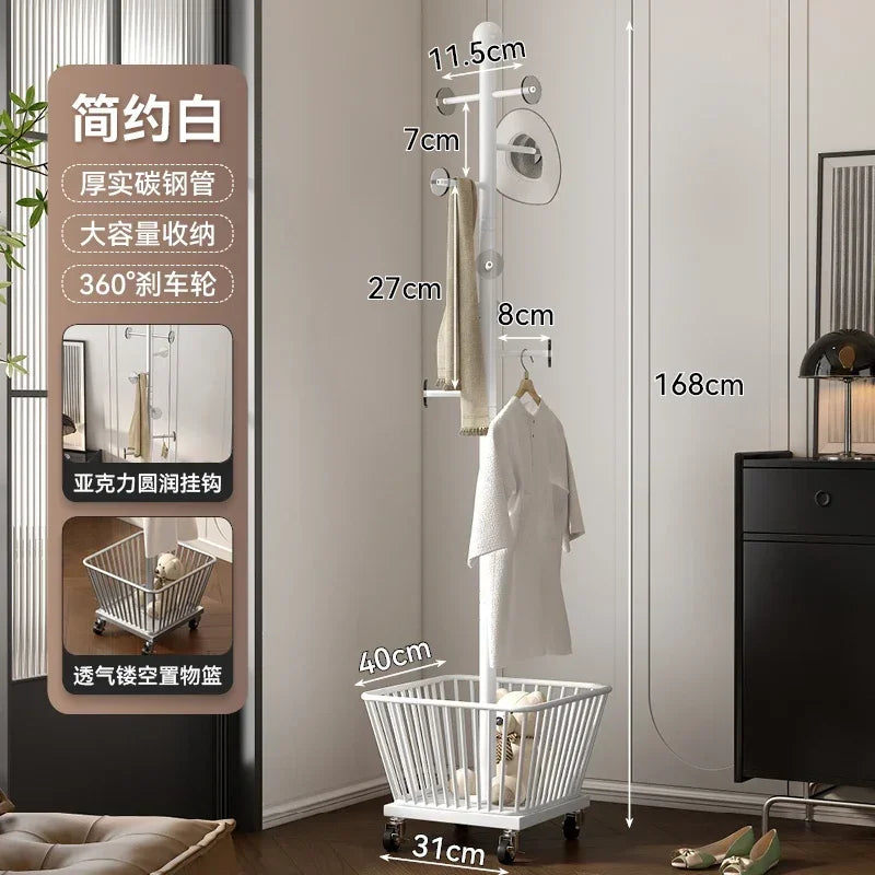 Standing Coat Rack with Basket, Entryway Coat Hanger Stand, Mobile Clothes Storage Rack with Wheels, Hallway