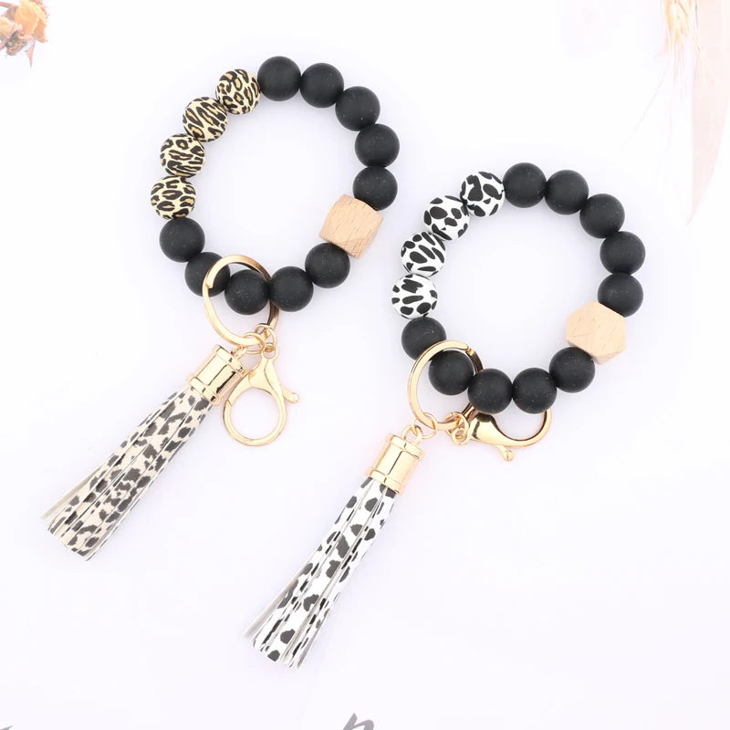 Silicone Beads Elastic Bangle Bracelet Keychain Women's bracelet gift Leather Tassel Silicone Beads Bracelet Wristlet Keychain