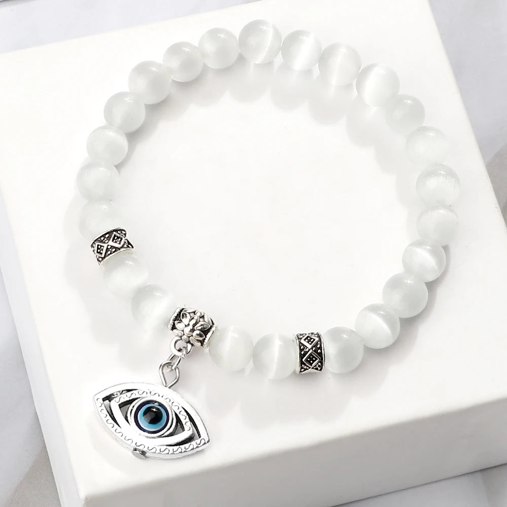 6 8mm Natural Cat Eye Stone Bracelet White Opal Beads Butterfly Hand Of Fatima Women Bracelets & Bangles Lucky Evil Eye Jewelry