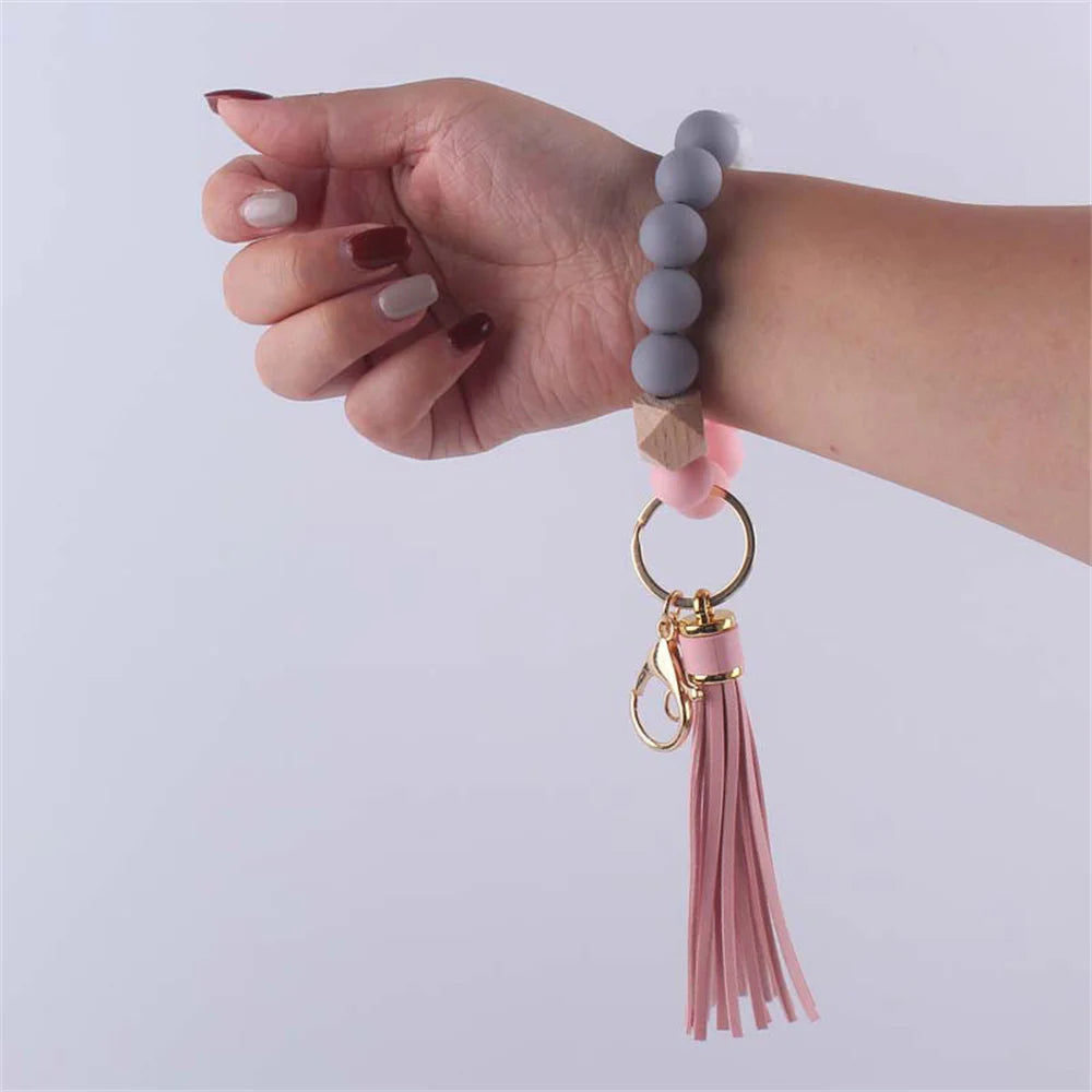 New Colorful Silicone Bead Bracelet PU Tassel Keychain Leopard Pattern Bracelet Beads Wearing Tassel Anti Loss Bracelet Keyring